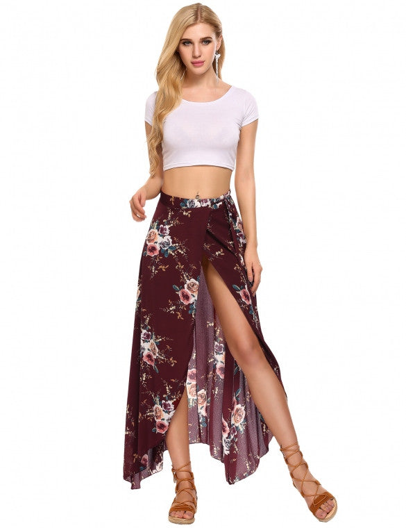 Cheap Bohemian Style Chiffon Floral Print Side Split Skirt Online ...