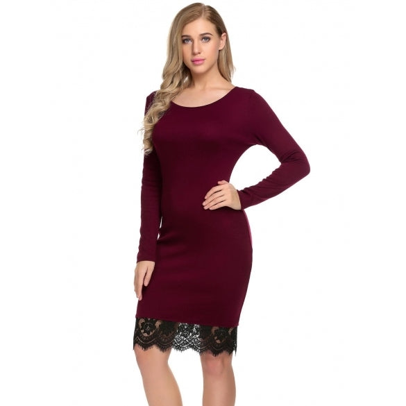 Cheap Long Sleeve Lace-Trim Patchwork Dress Online – Sheinchic.com