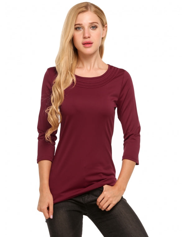 Cheap O Neck 3/4 Sleeve Solid Loose Basic Tops Online – Sheinchic.com