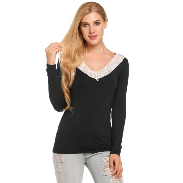 Cheap Lace Patchwork V-Neck Long Sleeve Casual Tops Online – Sheinchic.com