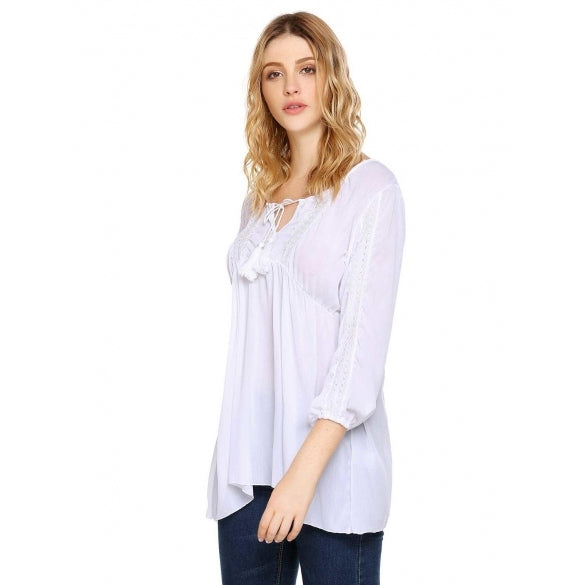 Cheap Drawstring Notch Neck Lace Applique Chiffon Blouse Online ...