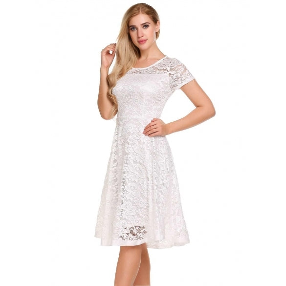 Cheap Short Sleeve Floral Lace O Neck Swing Dress Online – Sheinchic.com