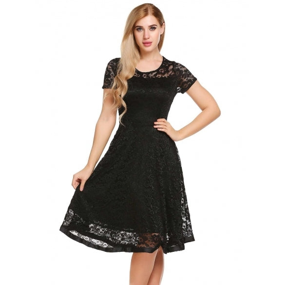 Cheap Short Sleeve Floral Lace O Neck Swing Dress Online – Sheinchic.com