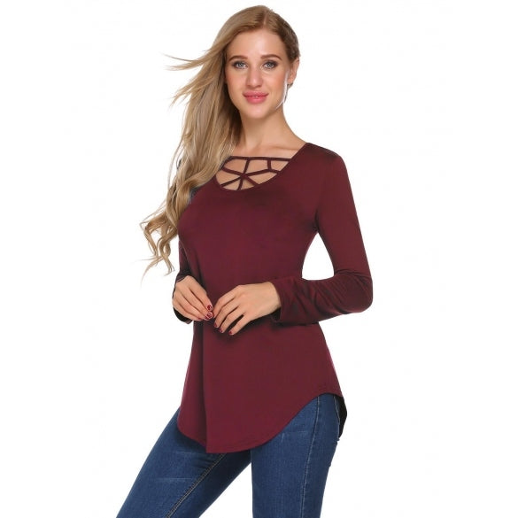 Cheap Solid Straps O-Neck Long Sleeve Basic Tops Online – Sheinchic.com