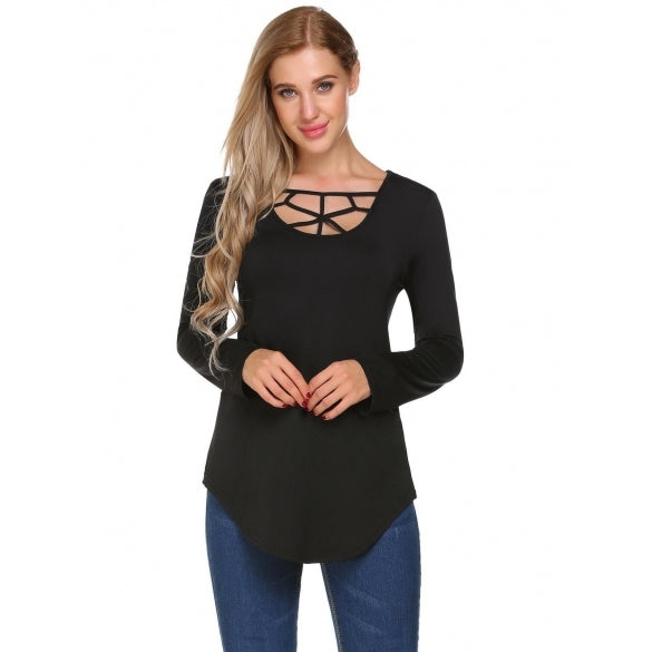 Cheap Solid Straps O-Neck Long Sleeve Basic Tops Online – Sheinchic.com