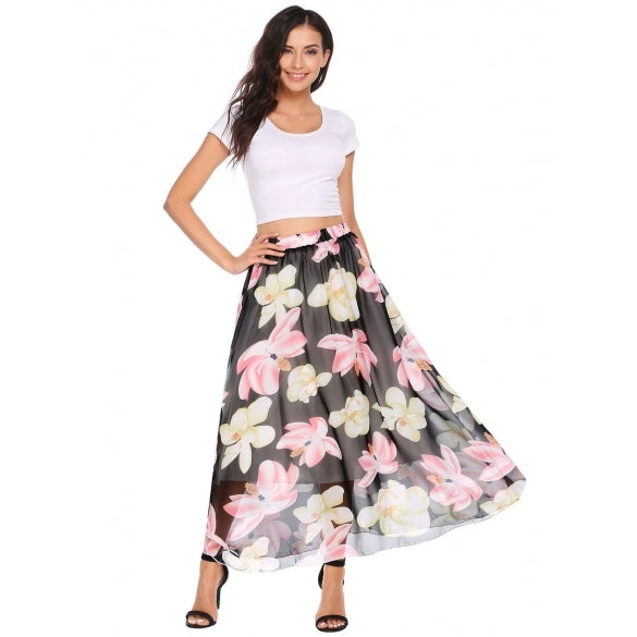 Cheap Elastic Waist Floral Print Casual Chiffon Skirts Online ...