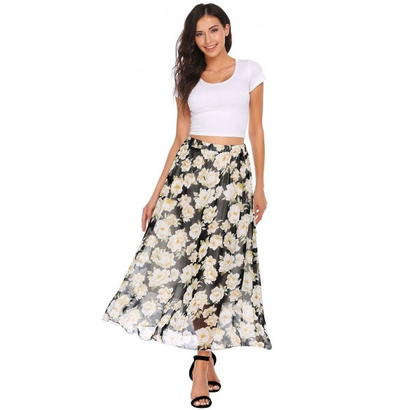 Cheap Elastic Waist Floral Print Casual Chiffon Skirts Online ...