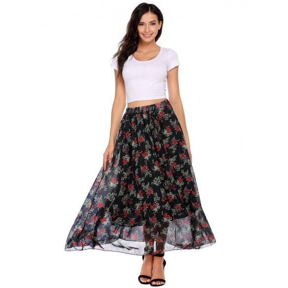 Cheap Elastic Waist Floral Print Casual Chiffon Skirts Online ...