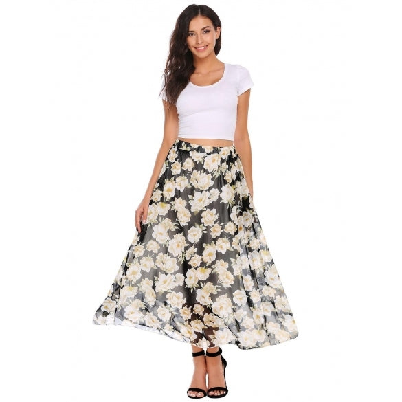 Cheap Elastic Waist Floral Print Casual Chiffon Skirts Online ...