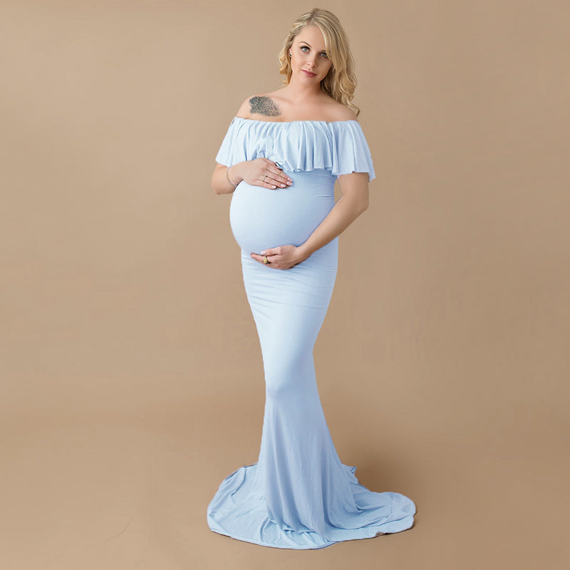 Maternity Dress Off Shoulder Long Dress Short Sleeve Stretch Cotton Pr ...