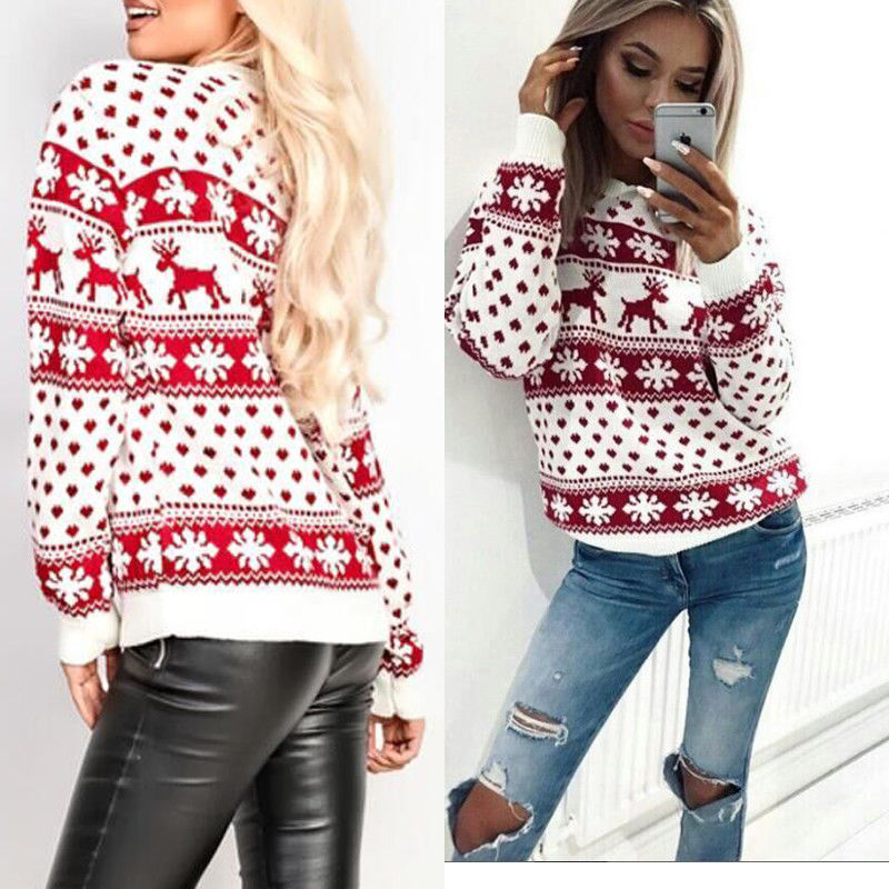 Womens Christmas Jumper Tops Reindeer Snowflake Xmas Pullover Sweatshi ...