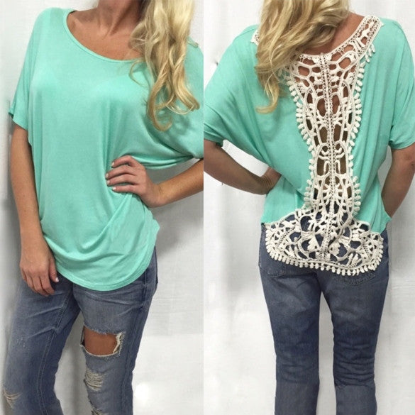 Sexy Loose Backless Irregular Hem Hollow Lace Patchwork Stretch T Shirt ...