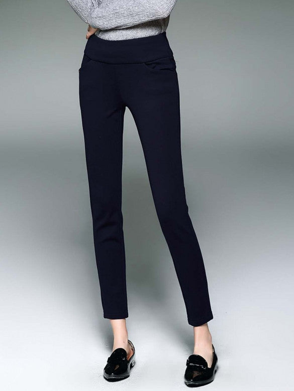 New Fashion Women Casual Thicken Solid Elastic Waist Long Slim Pants ...