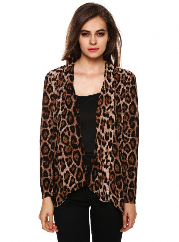 Women Leopard Blouse Casual Slim Irregular Cardigan Shirt Long Tops ...