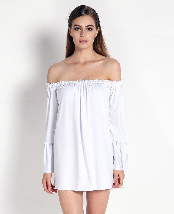 New Fashion Resort Solid Ruffle Sleeve Off Shoulder Mini Dress Blouse ...
