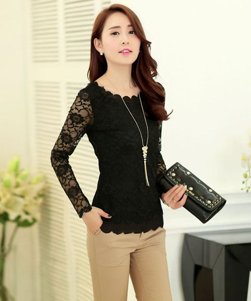 Women Sheer Solid Lace Shirt Floral Long Sleeve Slim Tops T-Shirt ...