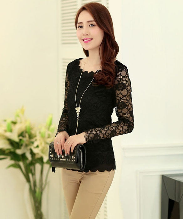 Women Sheer Solid Lace Shirt Floral Long Sleeve Slim Tops T-Shirt ...