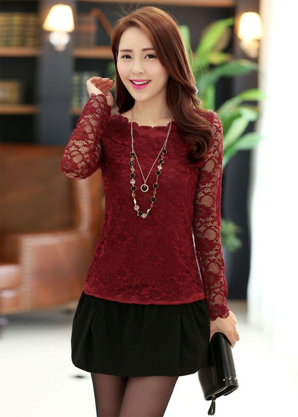 Women Sheer Solid Lace Shirt Floral Long Sleeve Slim Tops T-Shirt ...