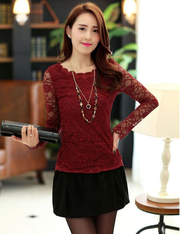 Women Sheer Solid Lace Shirt Floral Long Sleeve Slim Tops T-Shirt ...
