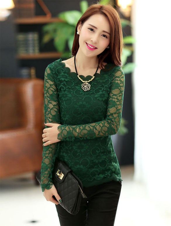 Women Sheer Solid Lace Shirt Floral Long Sleeve Slim Tops T-Shirt ...