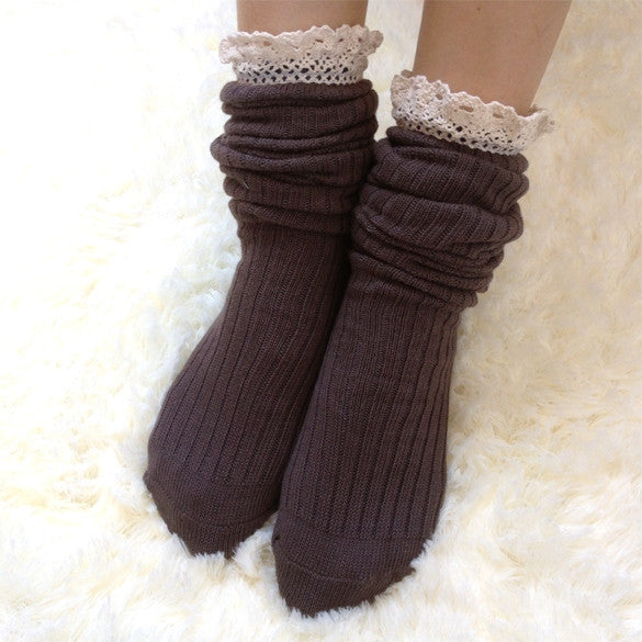 Women's Crochet Lace Trim Cotton Knit Footed Leg Warmers Boot Socks ...