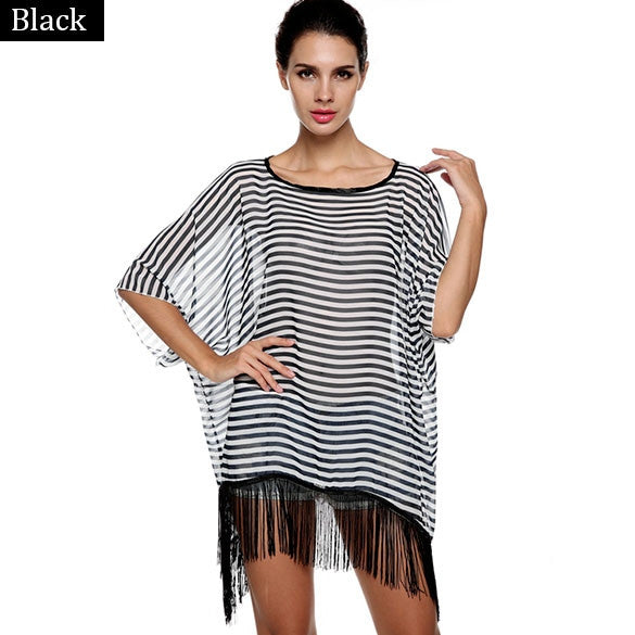 New Fashion Women's 3/4 Sleeve O-neck Stripe Chiffon Long Loose Tassel ...