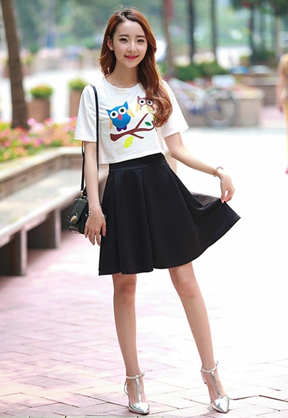 Summer Women O Neck Animal Pattern Top Black Short Pleated Skirt 2 PCS ...