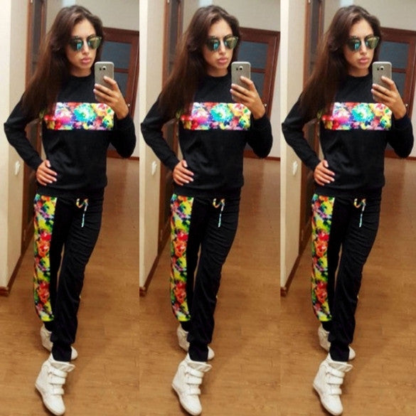 Ladies Women Casual Leisure Set Floral Patchwork Splicing Thin Sports ...
