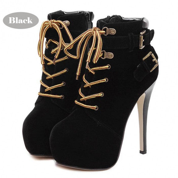 Women Square Head High Stiletto Heels Martin Boots Cross Straps Lace-up ...