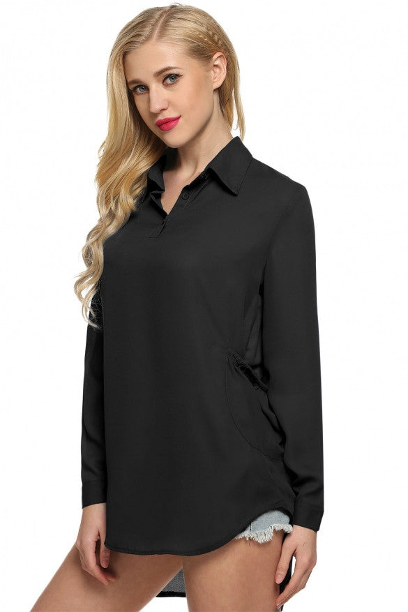 Women Long Tops Sexy V Neck Pockets Solid Long Sleeve Chiffon Blouse ...