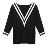 Sexy Women White Black Striped V Neck Loose Tops 3/4 Sleeve Top Casual