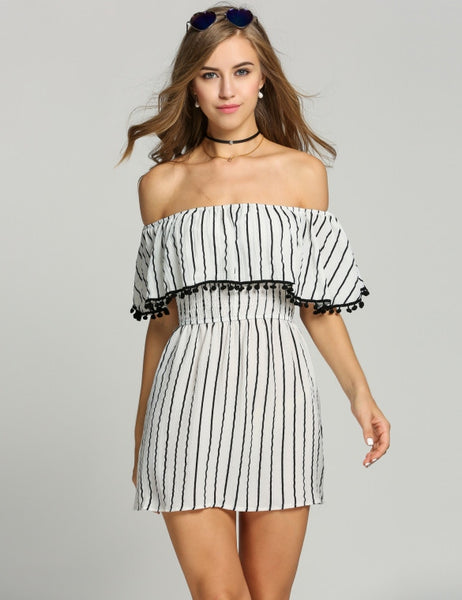 Fashion Women Off Shoulder Ruffles Striped Casual Tassel A-Line Dress ...