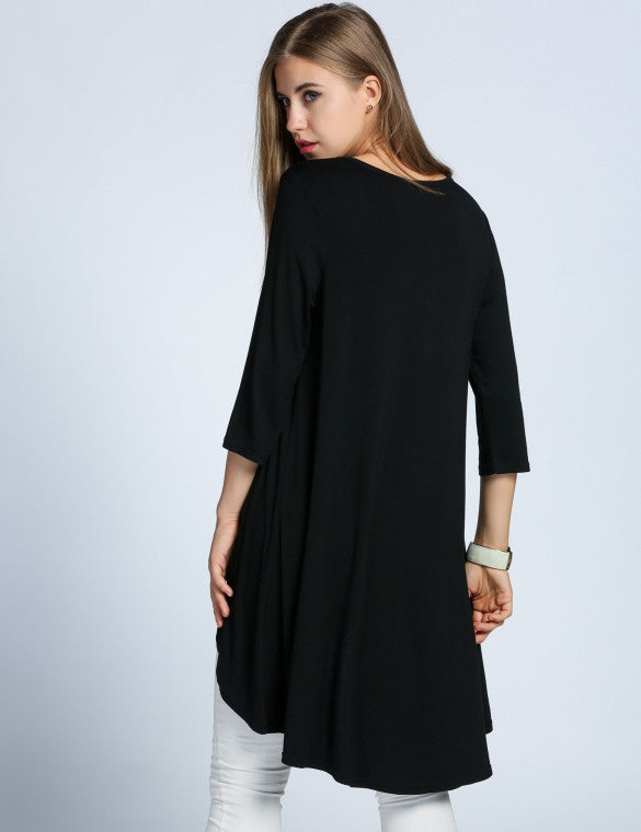 Women's O-Neck 3/4 Sleeve High Low Asymmetrical Hem Solid Casual Tunic ...