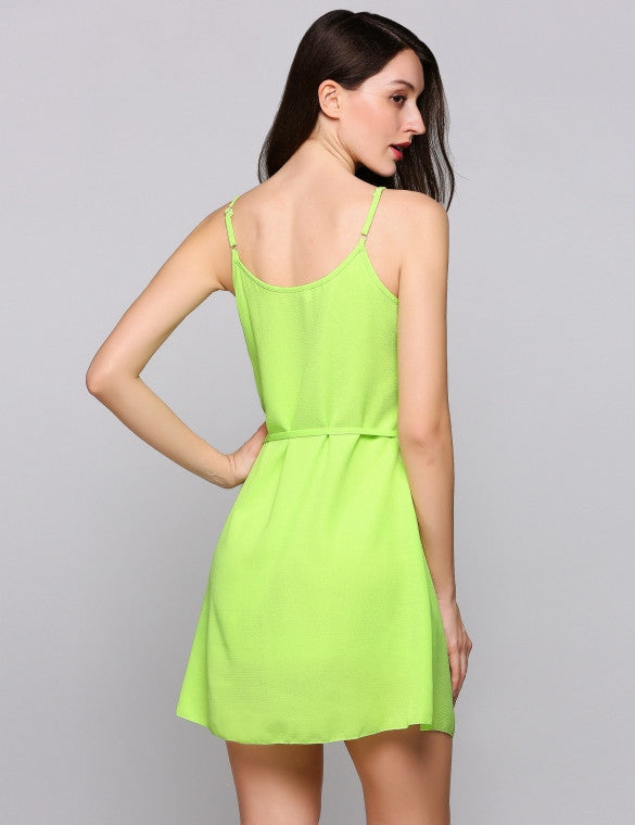Spaghetti Strap Sleeveless A-Line Belted Short Going Out Dress ...