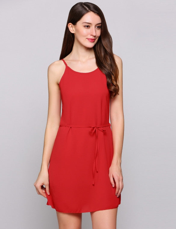 Spaghetti Strap Sleeveless A-Line Belted Short Going Out Dress ...