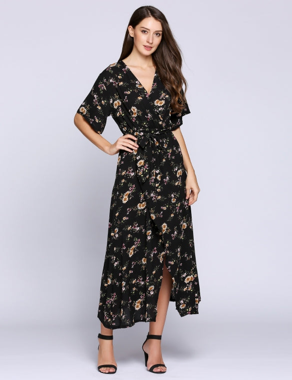 Cheap Keyhole Back V Neck Print Belted Split Dress Online – Sheinchic.com