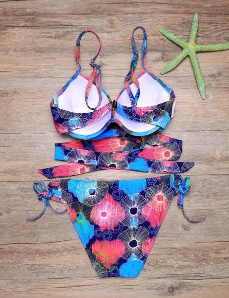 Strap Cross Bandage Floral Print Bikini Set