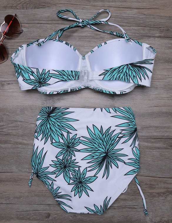 Cheap Halter Printed High Waist Lace Up Bikini Set Online 