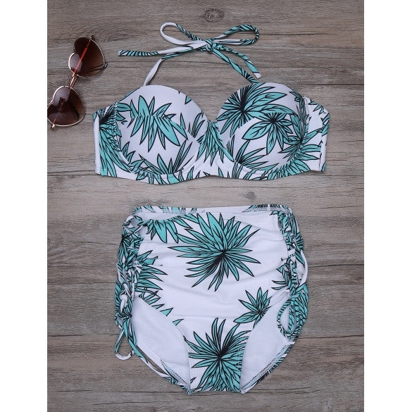 Cheap Halter Printed High Waist Lace Up Bikini Set Online 