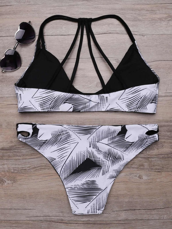 Cheap Strappy Printed Padded Cut Out Triangle Bikini Set Swimwear