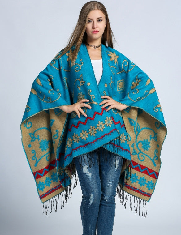 Ethnic Style Knitted Floral Blanket Scarf Shawl Wrap Neck Poncho ...