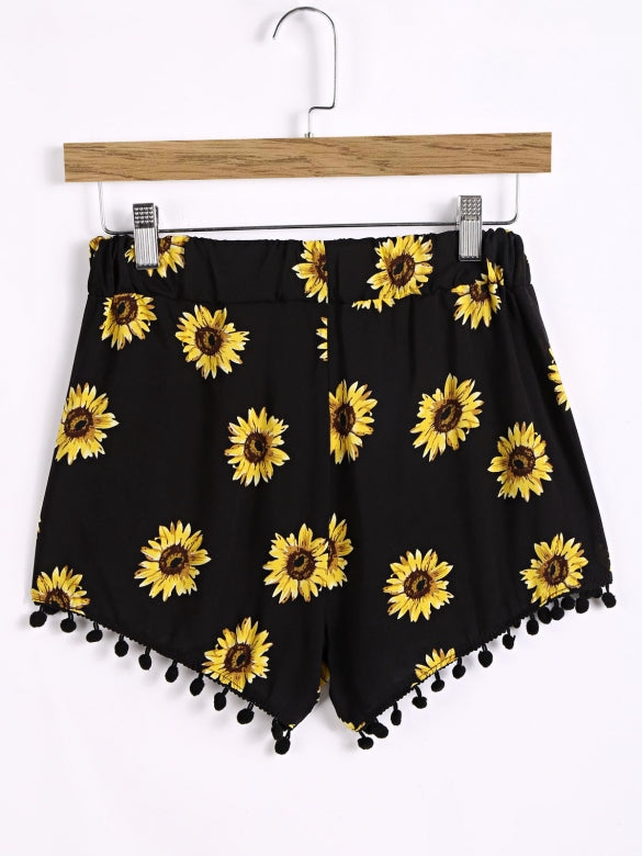 Cheap Sunflower Printed Elastic Waist Pom Pom Trim Shorts Online ...