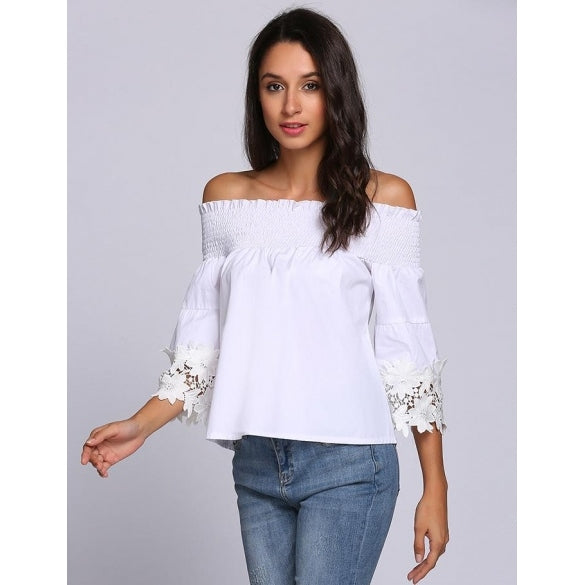 Cheap Hollow Lace Sleeve Off The Shoulder Slash Neck Tops Online ...