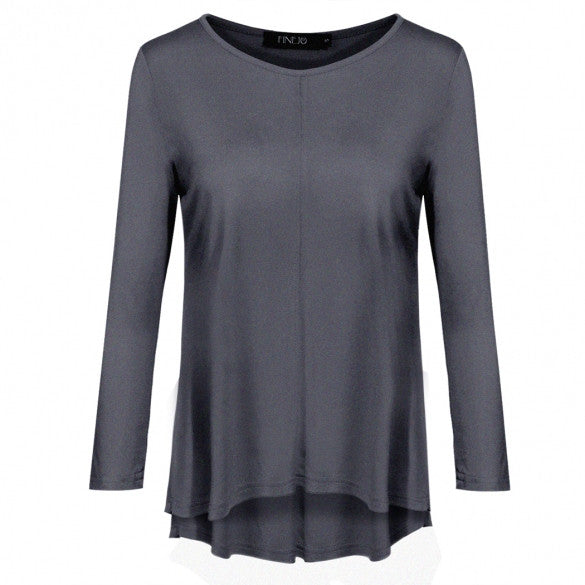 Women Casual Loose O-neck 3/4 Sleeve Solid Asymmetrical Hem Blouse Tops ...