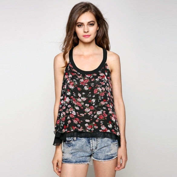 Sweet Women Sexy Spaghetti Strap Backless Floral Loose Summer Blouse ...