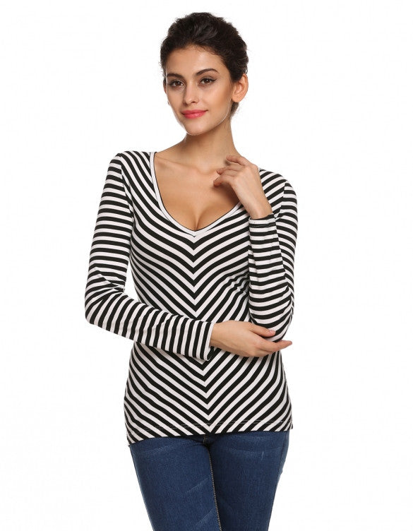 New Stylish Women Casual Long Sleeve V Neck Black And White Striped T