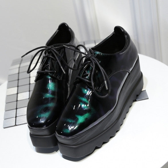 Gradient Color Square Toe Lace Up Patent Leather Flatform Sneakers ...