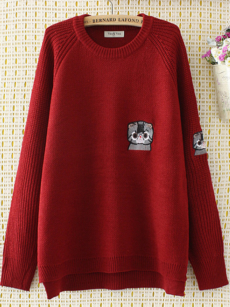 Cheap Casual Cat Embroidery Long Sleeve Pullover Sweater For Women ...