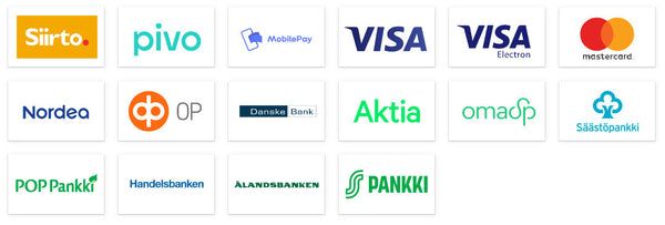 visa, visa electron, mastercard, mobilepay, pivo, siirto, Nordea, OP, DanskeBank, Aktia, OmaSP, Säästöpankki, POP Pankki, Handelsbanken, Ålandsbanken, S-Pankki