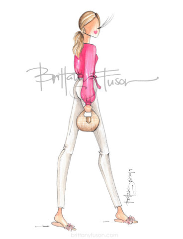 Brittany Fuson, fashion illustration, pool slides, slides, rattan bag, rattan hoops, white jeans
